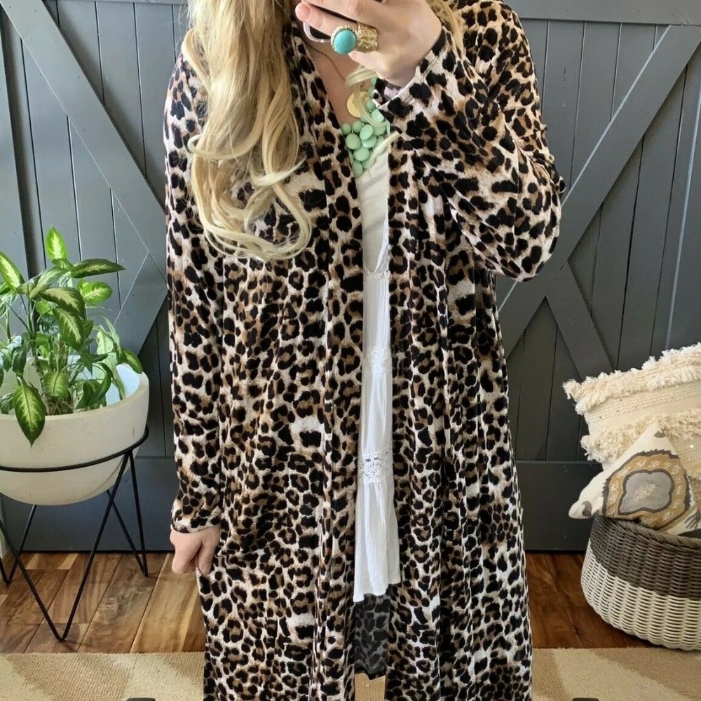 Leopard Animal Print Duster Maxi Cardigan Jacket - Picture 3 of 8